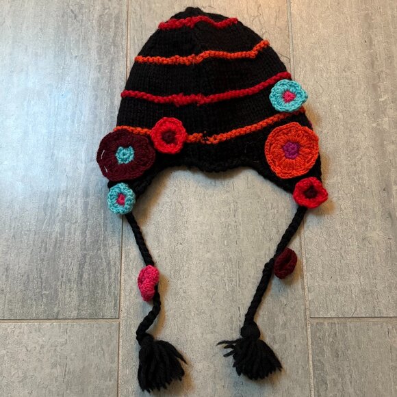 Saks Fifth Avenue Floral Wool Knit Tassel Hat with Ear Flaps Black One Size - Picture 2 of 6